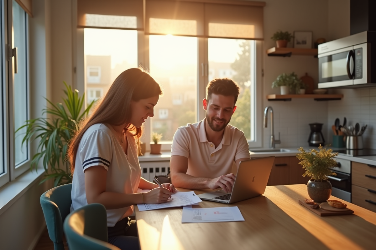 Jeune couple professionnel examinant documents locatifs dans une cuisine lumineuse