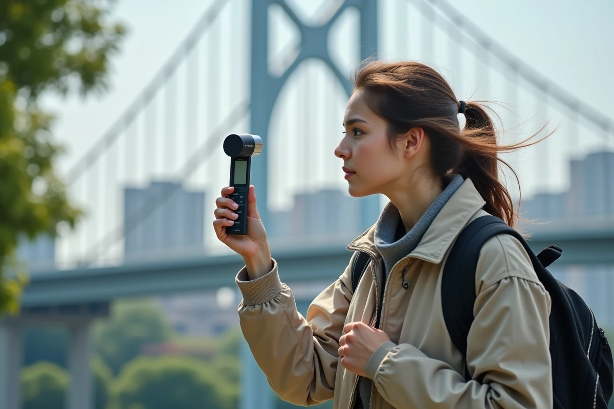 Jeune étudiante utilisant un anémomètre près d