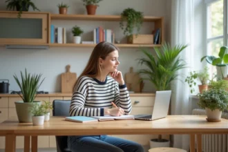 Jeune femme avec ordinateur et cahier de grammaire française