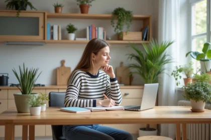 Jeune femme avec ordinateur et cahier de grammaire française