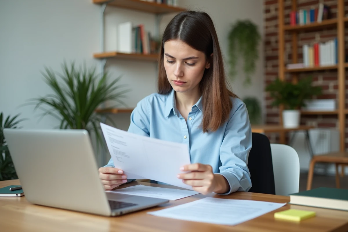 Jeune femme révisant son CV et sa lettre de motivation en anglais dans un espace de coworking moderne, entourée d'outils de candidature