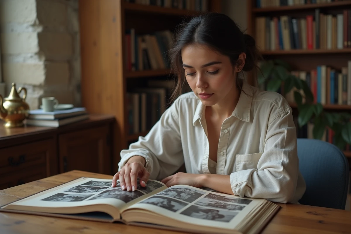 Jeune femme franco-marocaine feuilletant des albums photos de famille dans un appartement parisien, explorant ses origines et l'histoire de ses parents