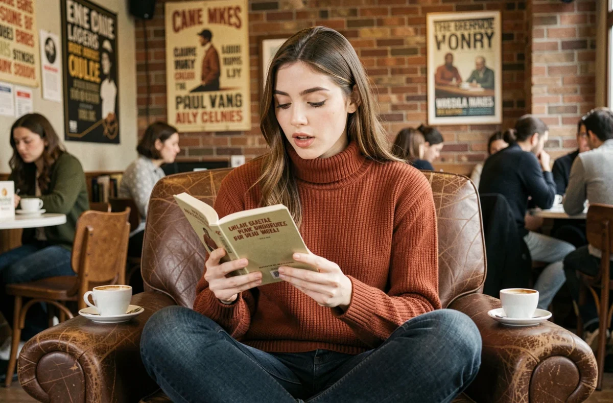 Jeune femme lisant un recueil de poésie à voix haute dans un café littéraire avec des affiches typographiques en arrière-plan