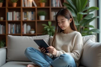 Jeune femme lisant Secret Clmanhwa sur un sofa moderne