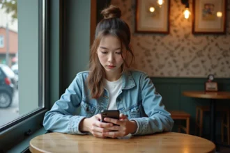 Jeune femme lisant manga sur smartphone dans un café