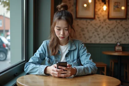 Jeune femme lisant manga sur smartphone dans un café