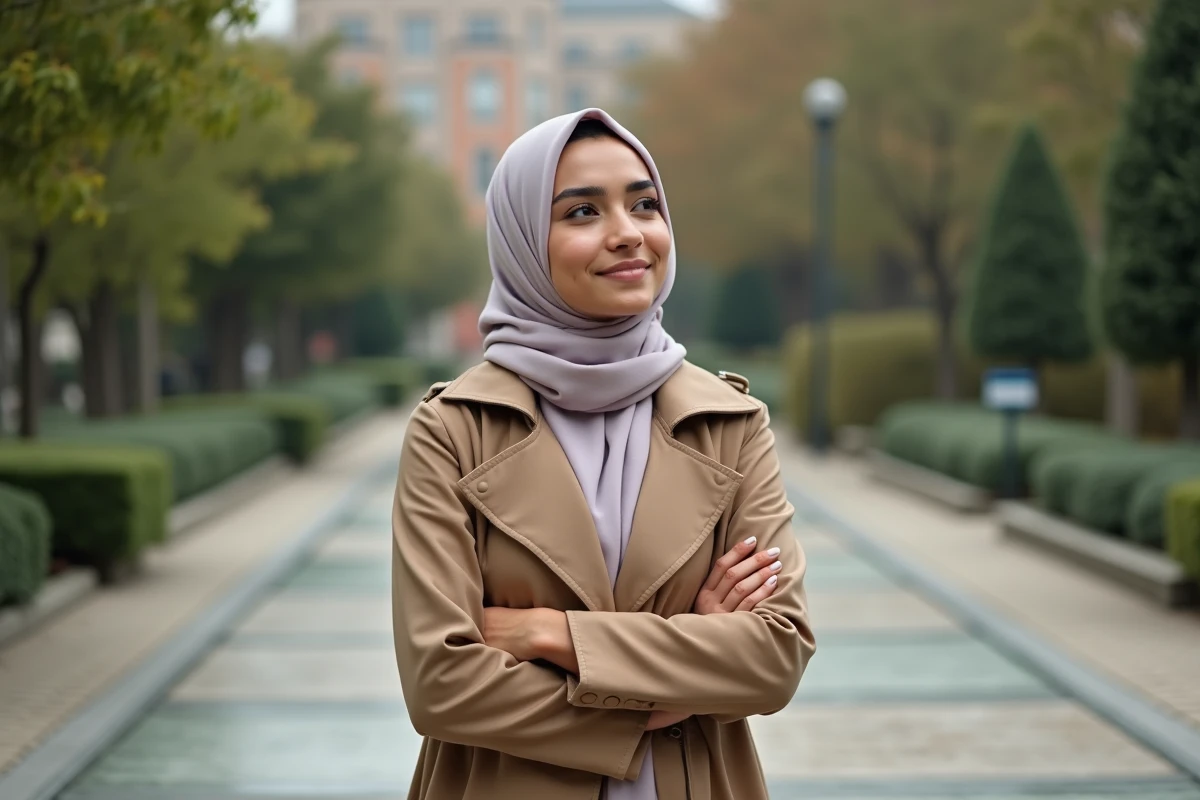 Jeune femme en hijab dans un parc urbain