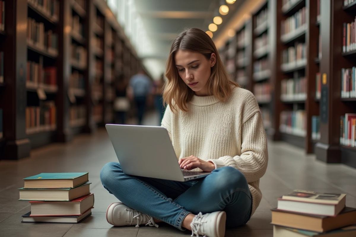 Jeune femme recherchant les règles de capitalisation des noms propres dans une bibliothèque publique
