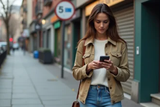 Jeune femme dans la ville avec smartphone et expression perplexe