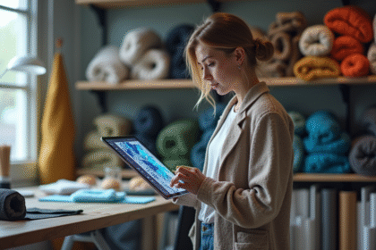 Jeune femme en veste technologique dans un studio textile
