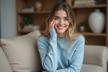 Jeune femme souriante en pull cashmere bleu clair