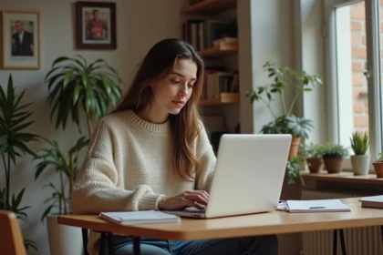 Jeune femme en sweater travaillant sur son ordinateur à la maison