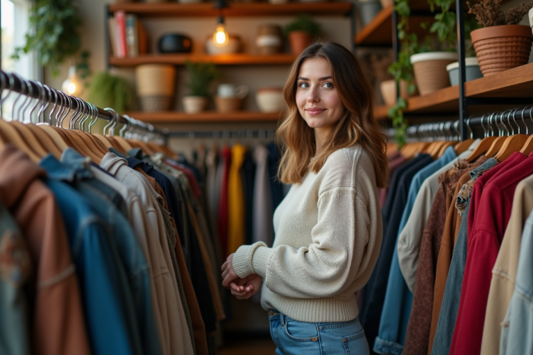 Jeune femme dans une boutique vintage avec vêtements recyclés