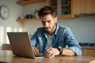 Jeune homme en denim et pantalon kaki dans une cuisine lumineuse