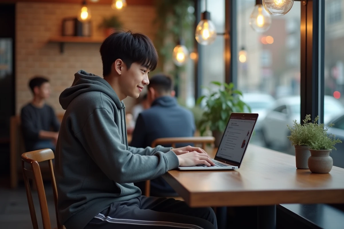 Jeune homme au café naviguant sur un site de Clmanhwa