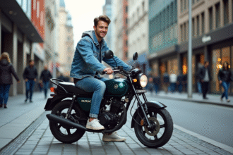 Jeune homme en denim sur Dax 50cc en ville