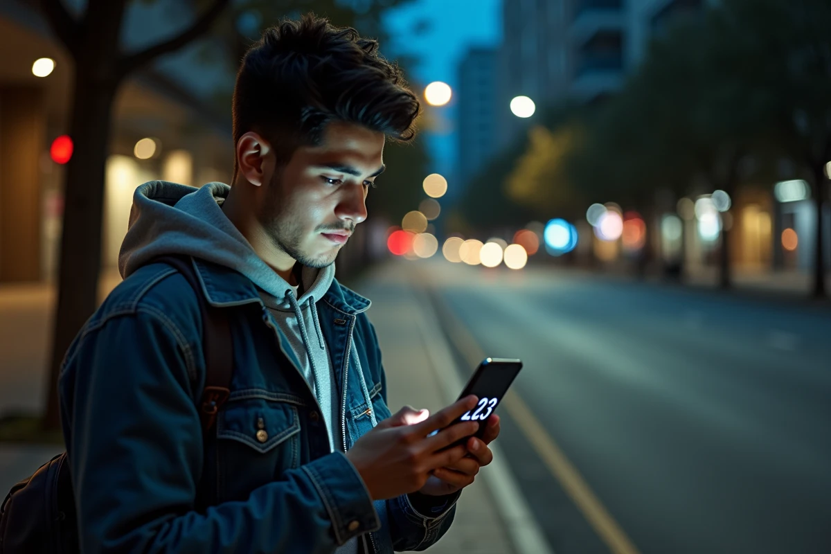 Jeune homme regardant son téléphone dans la rue la nuit