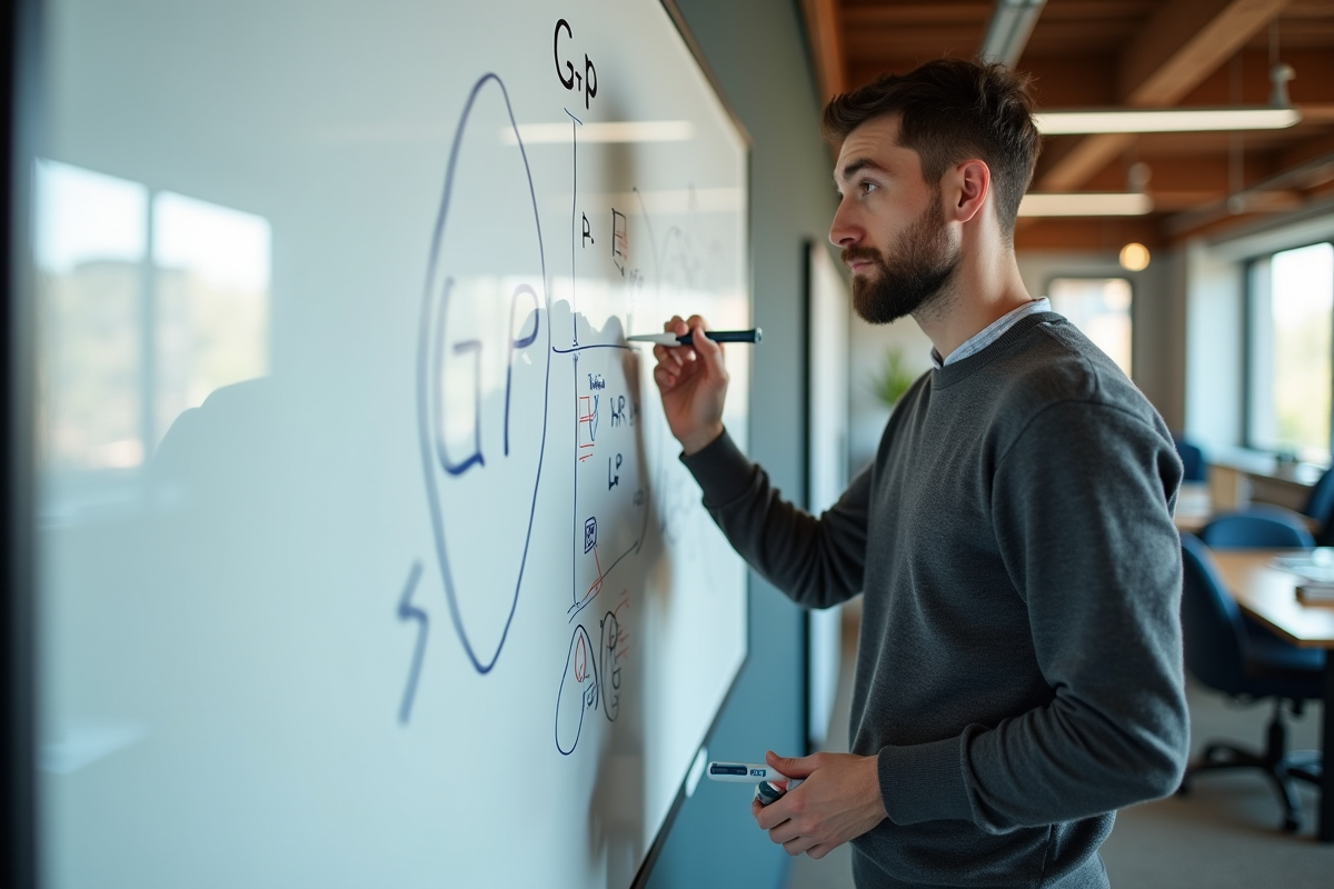 Jeune homme dessinant des distinctions sur un whiteboard financier