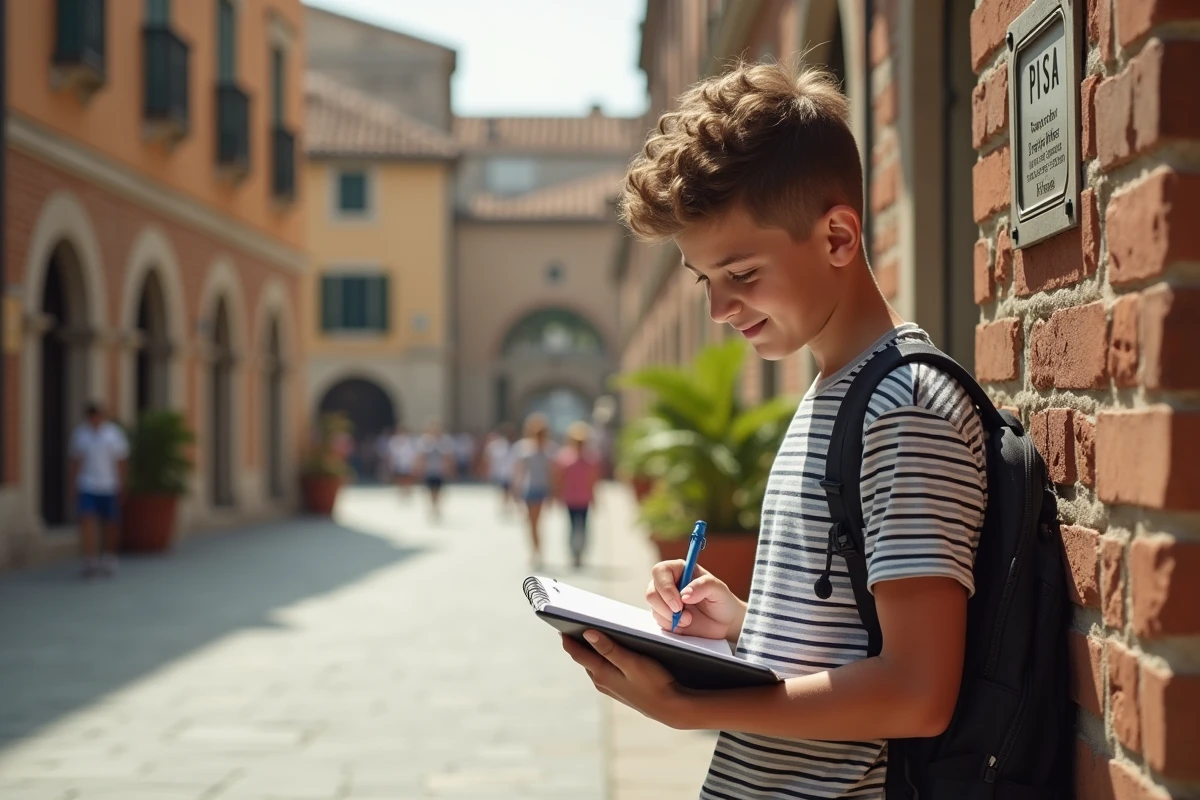 Jeune garçon écrivant dans un carnet dans une piazza italienne