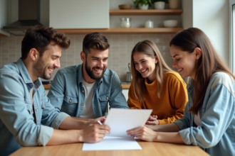 Quatre jeunes adultes autour d'une table cuisine vérifiant une checklist