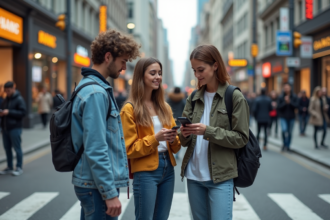 Groupe de jeunes adultes en streetwear dans une ville animée