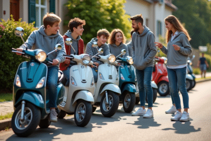 Jeunes adolescents français comparant des scooters 50cc dans la rue