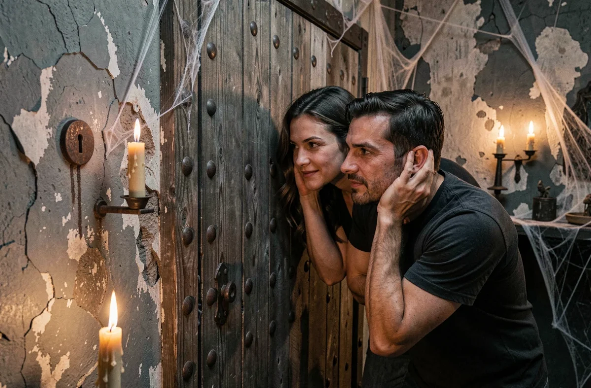 Joueurs tendant l'oreille derrière une lourde porte dans l'ambiance gothique de Last Door Escape Game