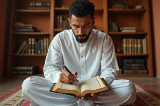 Jeune homme lisant le Coran en suivant les juz sur un tapis de prière, dans une pièce chaleureuse avec des livres islamiques en arrière-plan