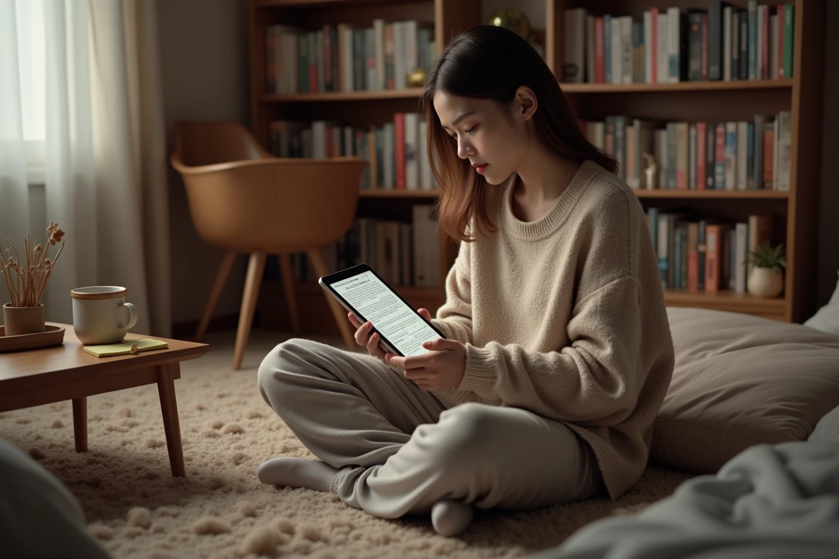 Jeune femme lisant un chapitre de manga Just Friends VF sur tablette dans sa chambre, ambiance lecture confortable