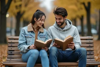 Deux jeunes adultes lisant des mangas ensemble sur un banc de parc en automne, illustrant la lecture de chapitres Just Friends VF