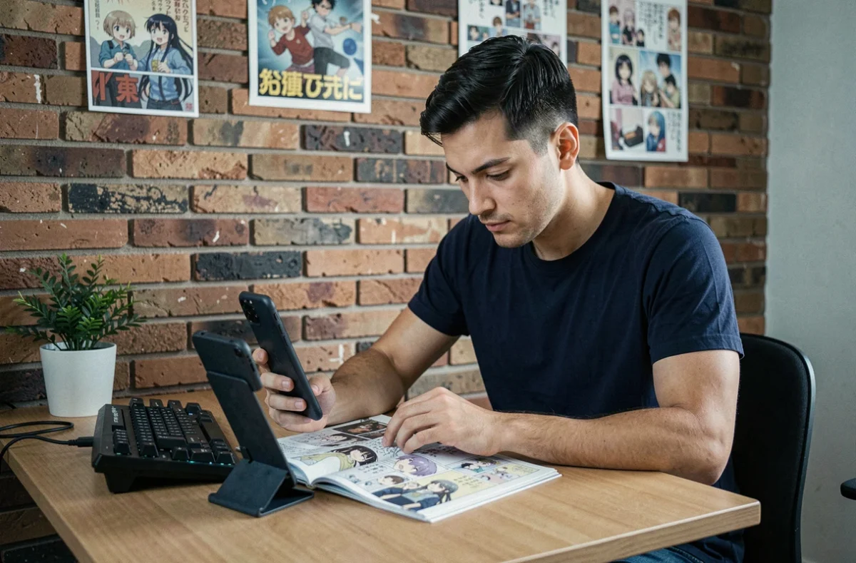 Homme lisant des scans manga sur téléphone posé sur un support au bureau à domicile