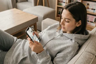 Jeune femme lisant des scans manga sur smartphone confortablement installée dans un canapé