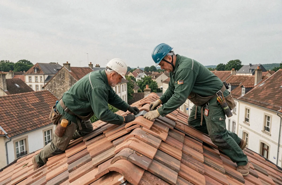 Équipe de Lorraine Toiture posant des tuiles plates en argile sur une maison ancienne dans une ville lorraine