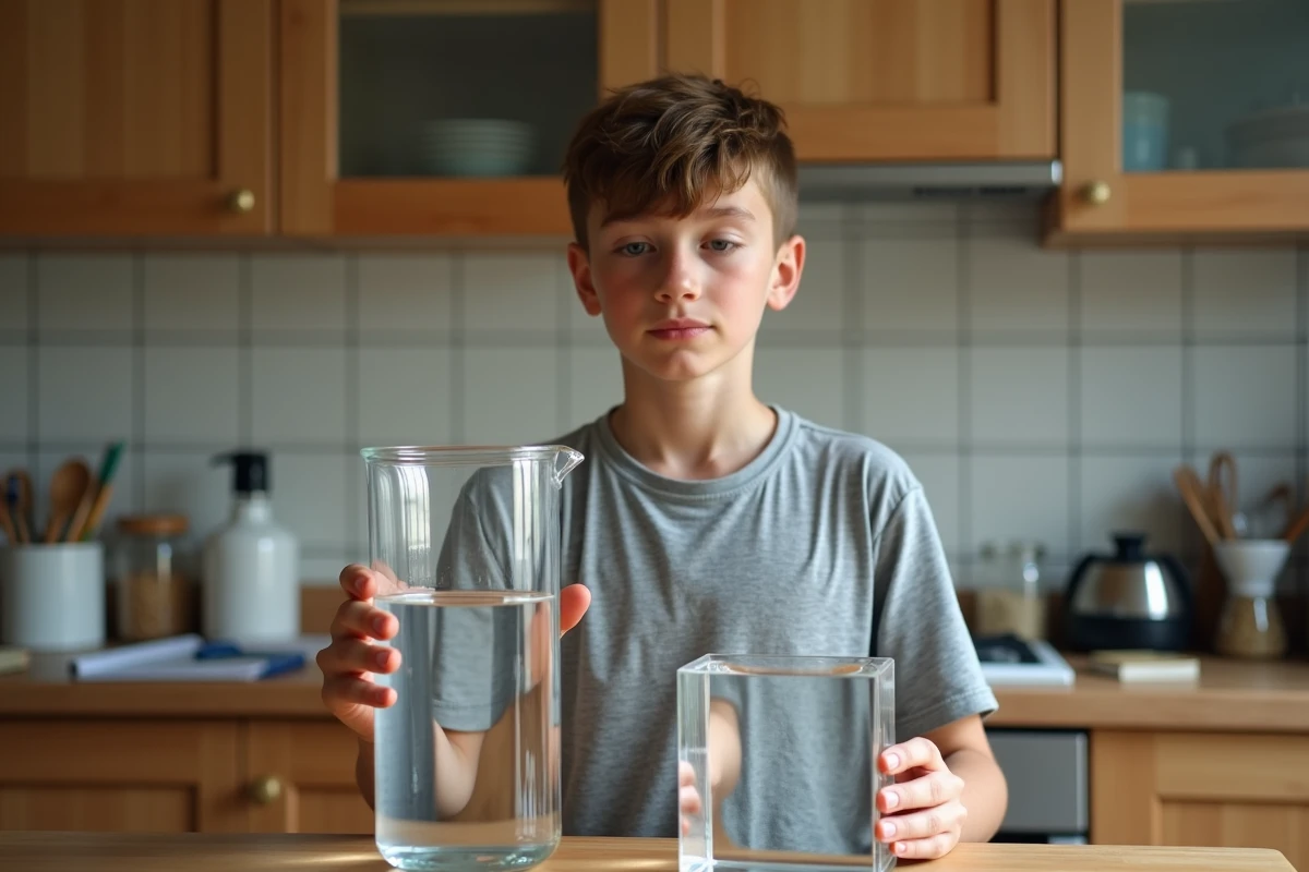 Lycéen comparant un cube d'un décimètre cube et un litre d'eau dans une cuisine lors d'une expérience de conversion