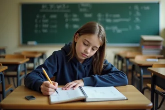 Lycéenne effectuant des exercices de conversion mètre cube en litre dans un cahier sur son bureau en classe
