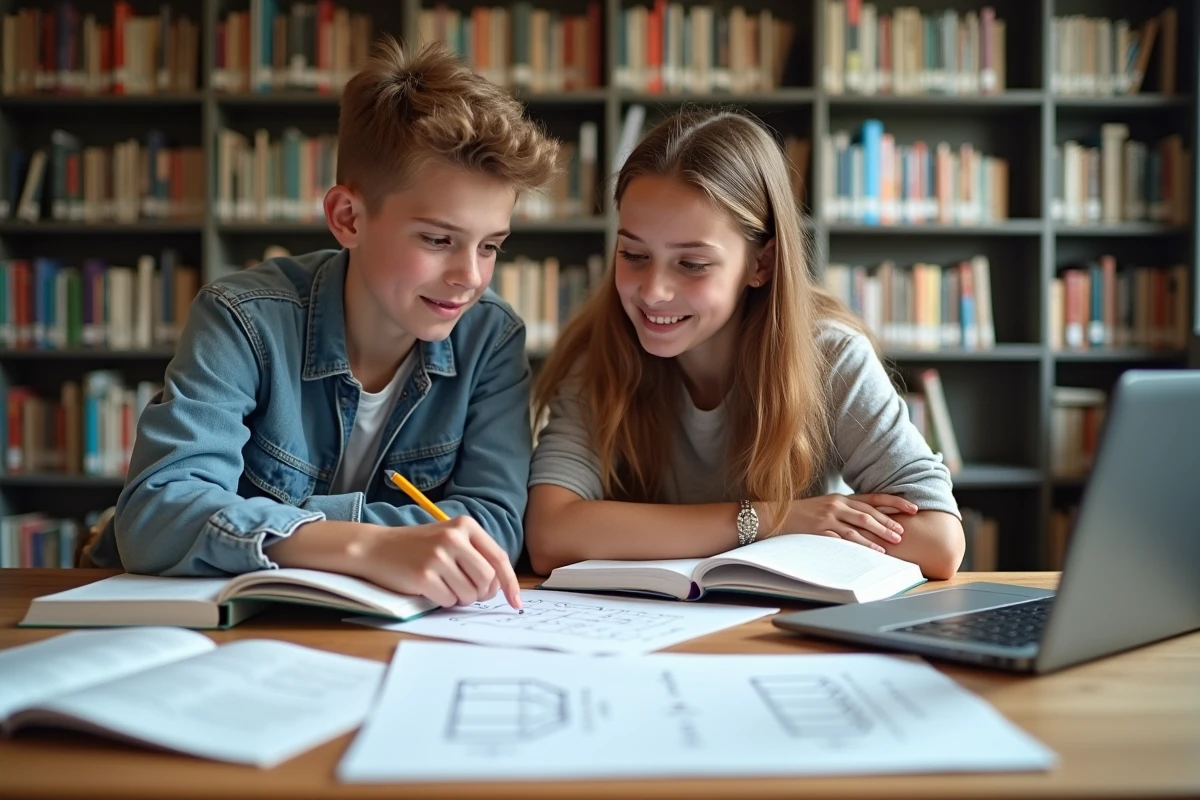 Deux lycéens étudiant ensemble une fiche de conversion mètre cube en litre dans une bibliothèque scolaire
