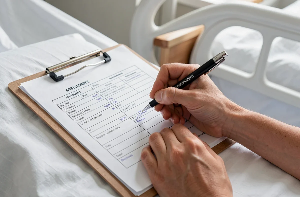 Mains remplissant une grille de recueil de données au chevet d'un patient