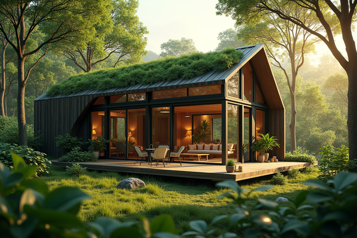 Petite maison écologique dans la forêt avec grande fenetre