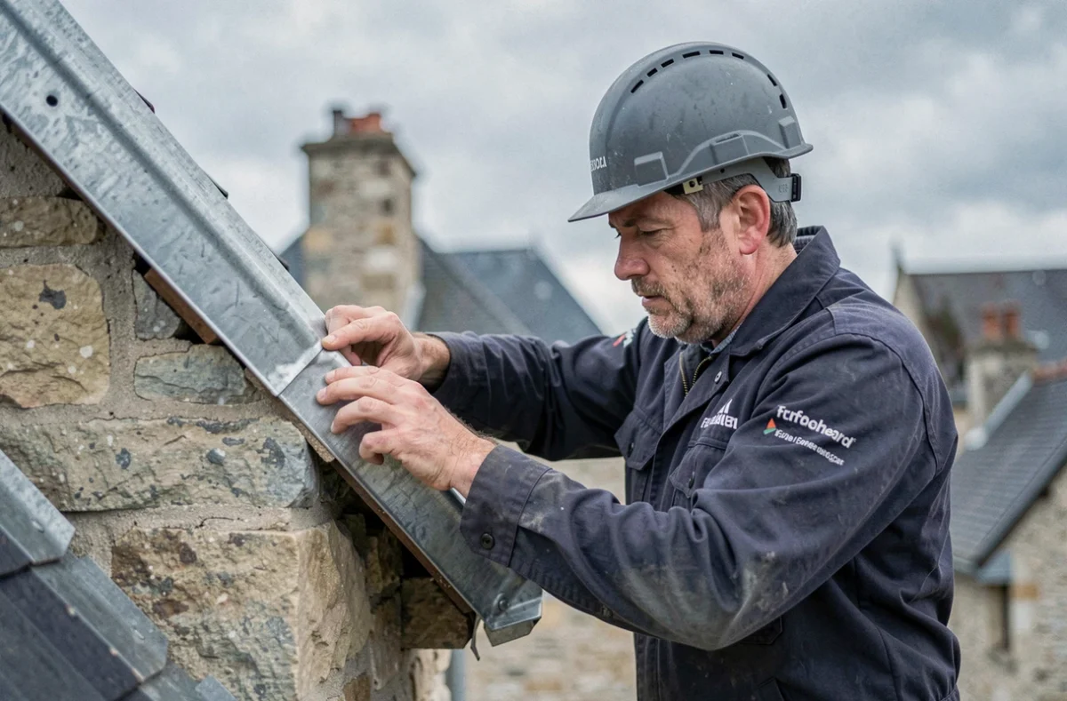 Couvreur de Marchal Couverture fixant un faîtage en zinc sur une maison en pierre traditionnelle en Lorraine