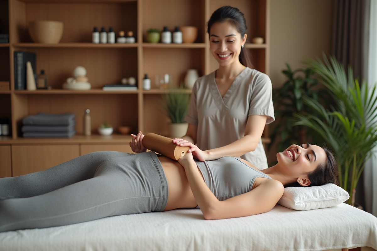 Femme relaxee recevant un massage avec rouleau en bois