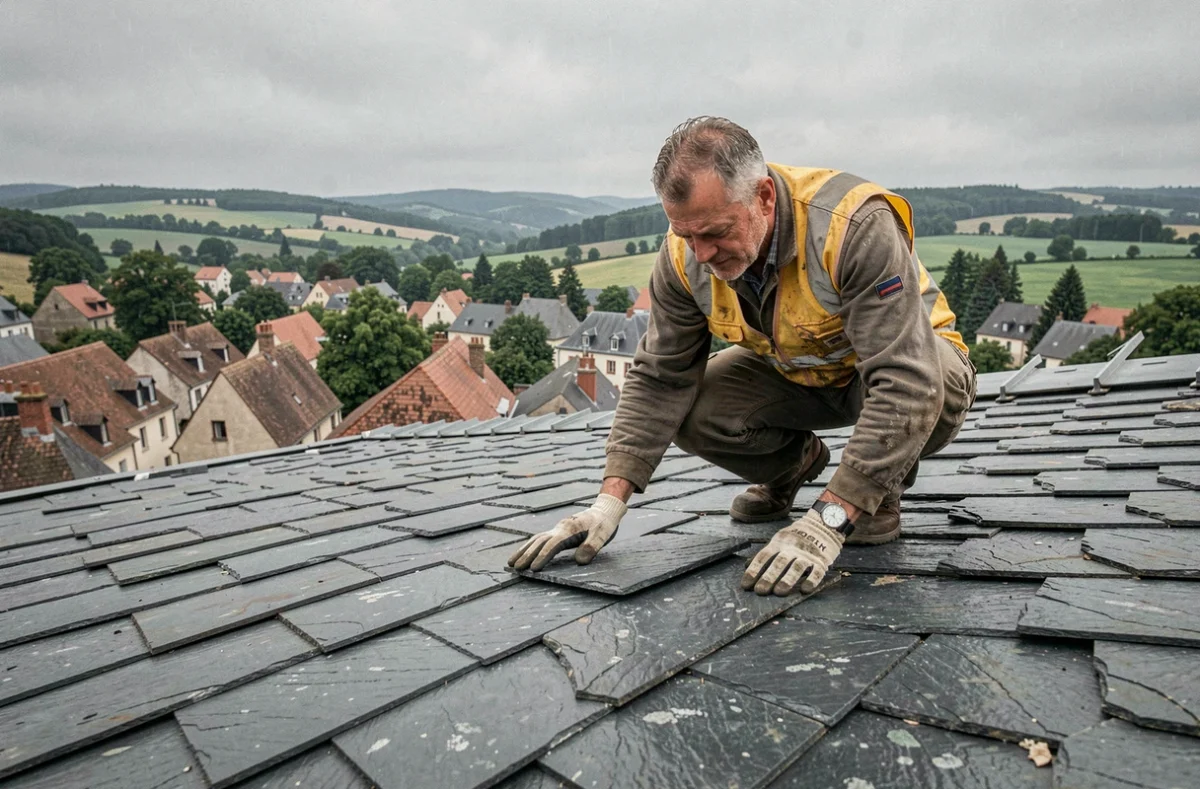 Couvreur professionnel inspectant une toiture en ardoise dans un village de Meurthe-et-Moselle, vue grand angle sur les toits et le paysage lorrain