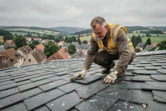 Couvreur professionnel inspectant une toiture en ardoise dans un village de Meurthe-et-Moselle, vue grand angle sur les toits et le paysage lorrain