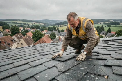 Couvreur professionnel inspectant une toiture en ardoise dans un village de Meurthe-et-Moselle, vue grand angle sur les toits et le paysage lorrain