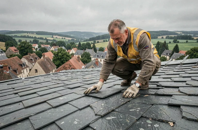 Couvreur professionnel inspectant une toiture en ardoise dans un village de Meurthe-et-Moselle, vue grand angle sur les toits et le paysage lorrain