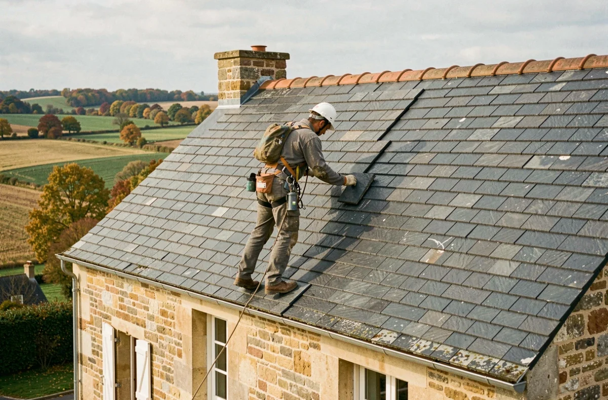 Un couvreur professionnel travaillant sur une toiture en ardoise dans la Sarthe, vue grand angle avec la campagne en arrière-plan