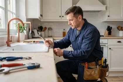 Un plombier professionnel intervient en urgence dans une cuisine moderne en Eure-et-Loir