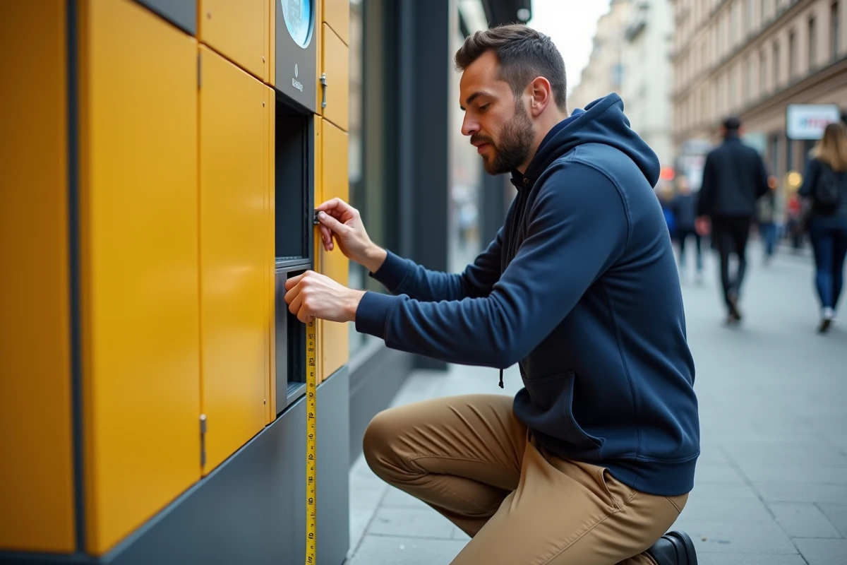 Homme mesurant les dimensions intérieures d'un casier Vinted Go avec un mètre ruban