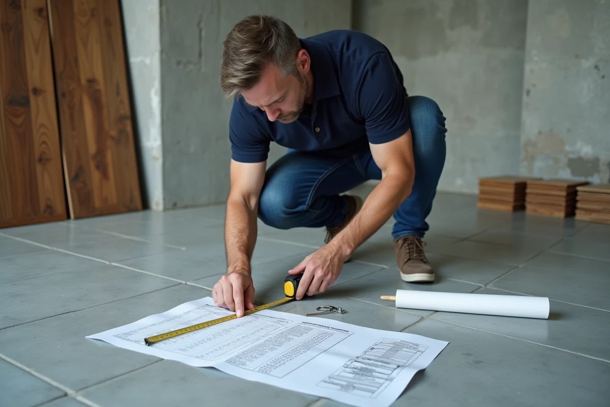 Homme mesurant une surface au sol avec un mètre ruban et consultant un tableau de conversion m² en cm² lors de travaux de rénovation