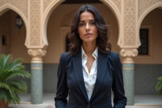 Femme d'origine franco-marocaine en blazer marine devant une cour traditionnelle marocaine aux zellige colorés, illustrant un héritage culturel mixte