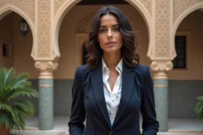 Femme d'origine franco-marocaine en blazer marine devant une cour traditionnelle marocaine aux zellige colorés, illustrant un héritage culturel mixte